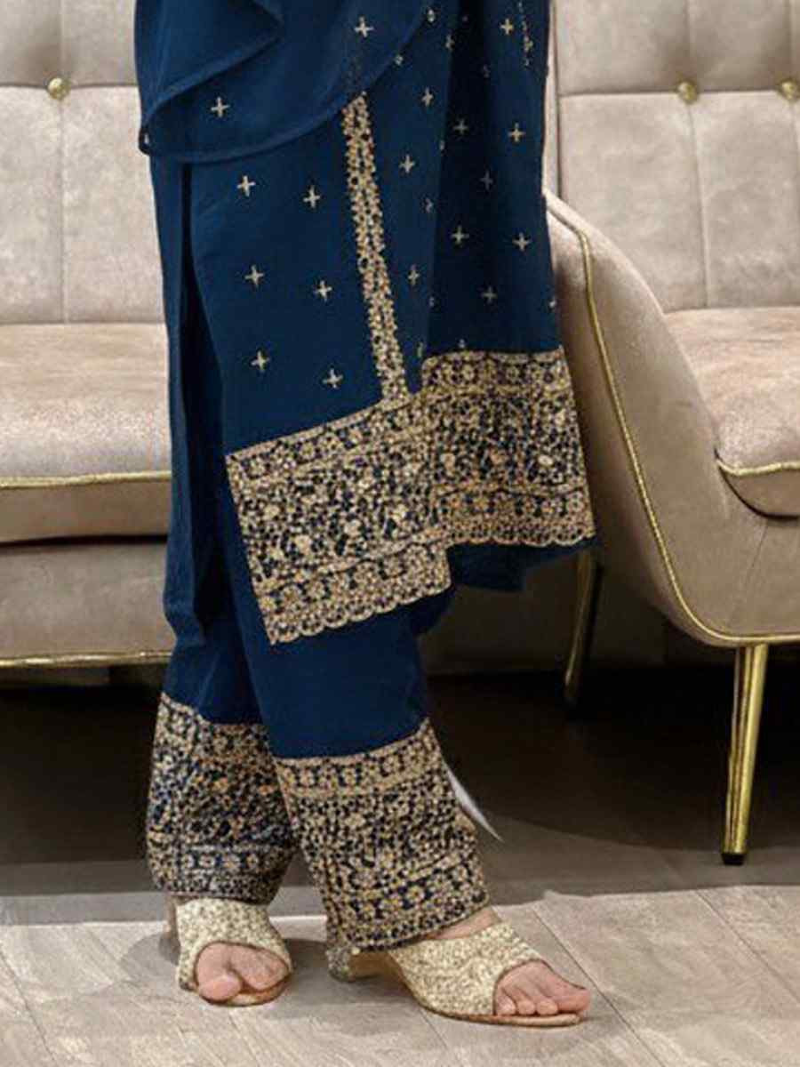 Teal Blue Heavy Foux Georgette Embroidery Party Wedding Festival Casual Ready Pant Salwar Kameez