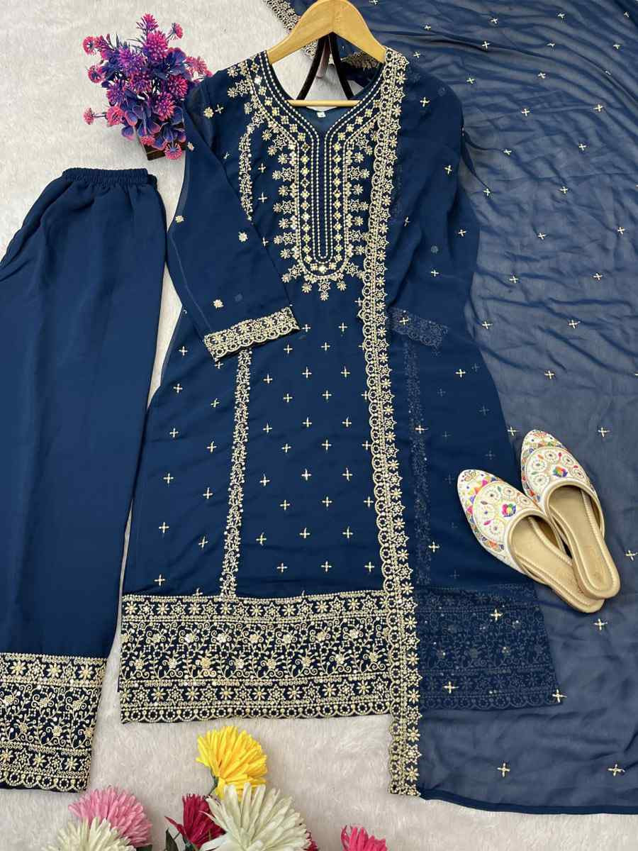 Teal Blue Heavy Foux Georgette Embroidery Party Wedding Festival Casual Ready Pant Salwar Kameez