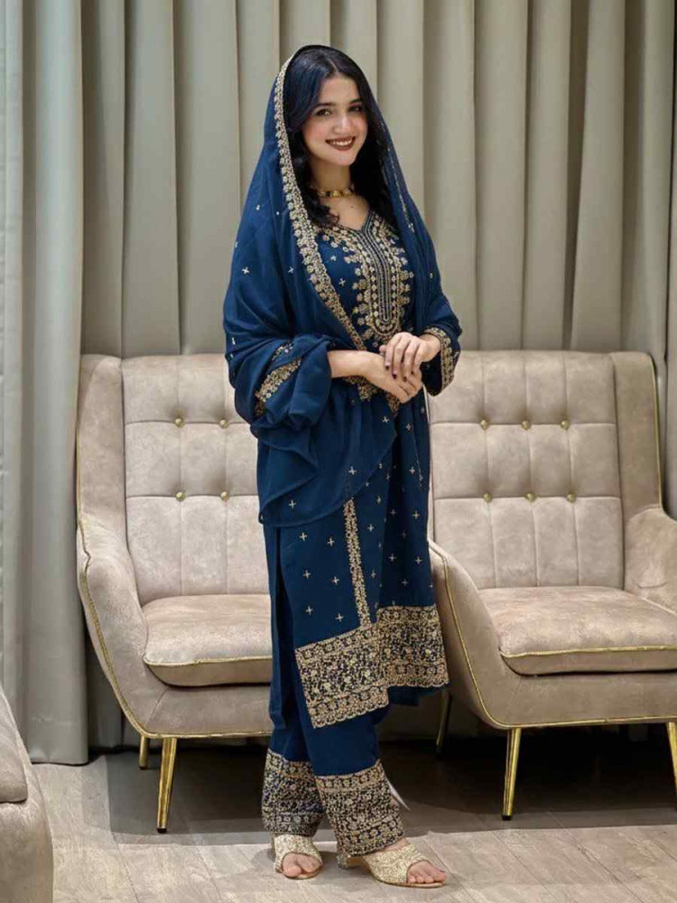 Image of Teal Blue Heavy Foux Georgette Embroidery Party Wedding Festival Casual Ready Pant Salwar Kameez