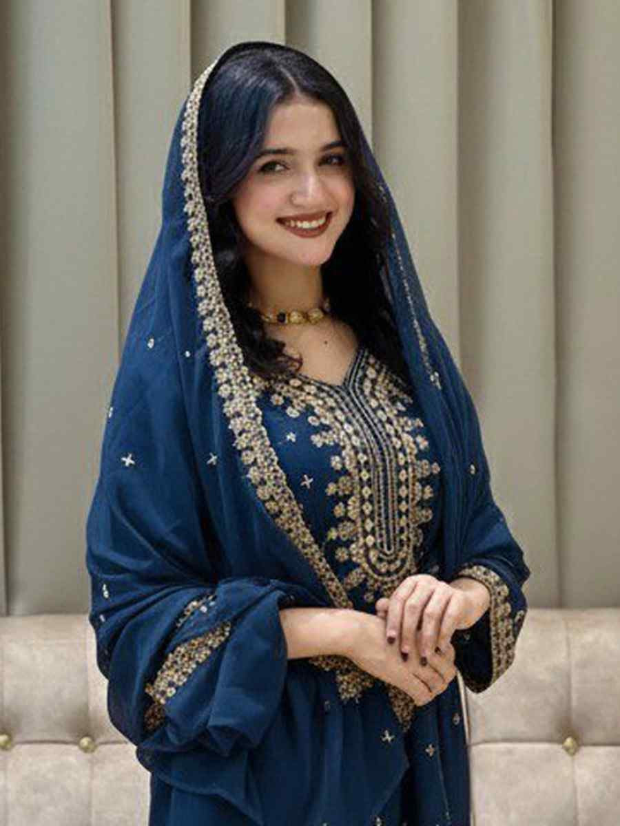 Teal Blue Heavy Foux Georgette Embroidery Party Wedding Festival Casual Ready Pant Salwar Kameez