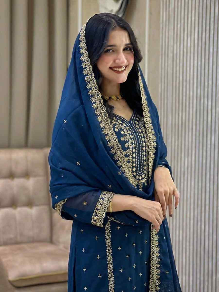 Teal Blue Heavy Foux Georgette Embroidery Party Wedding Festival Casual Ready Pant Salwar Kameez