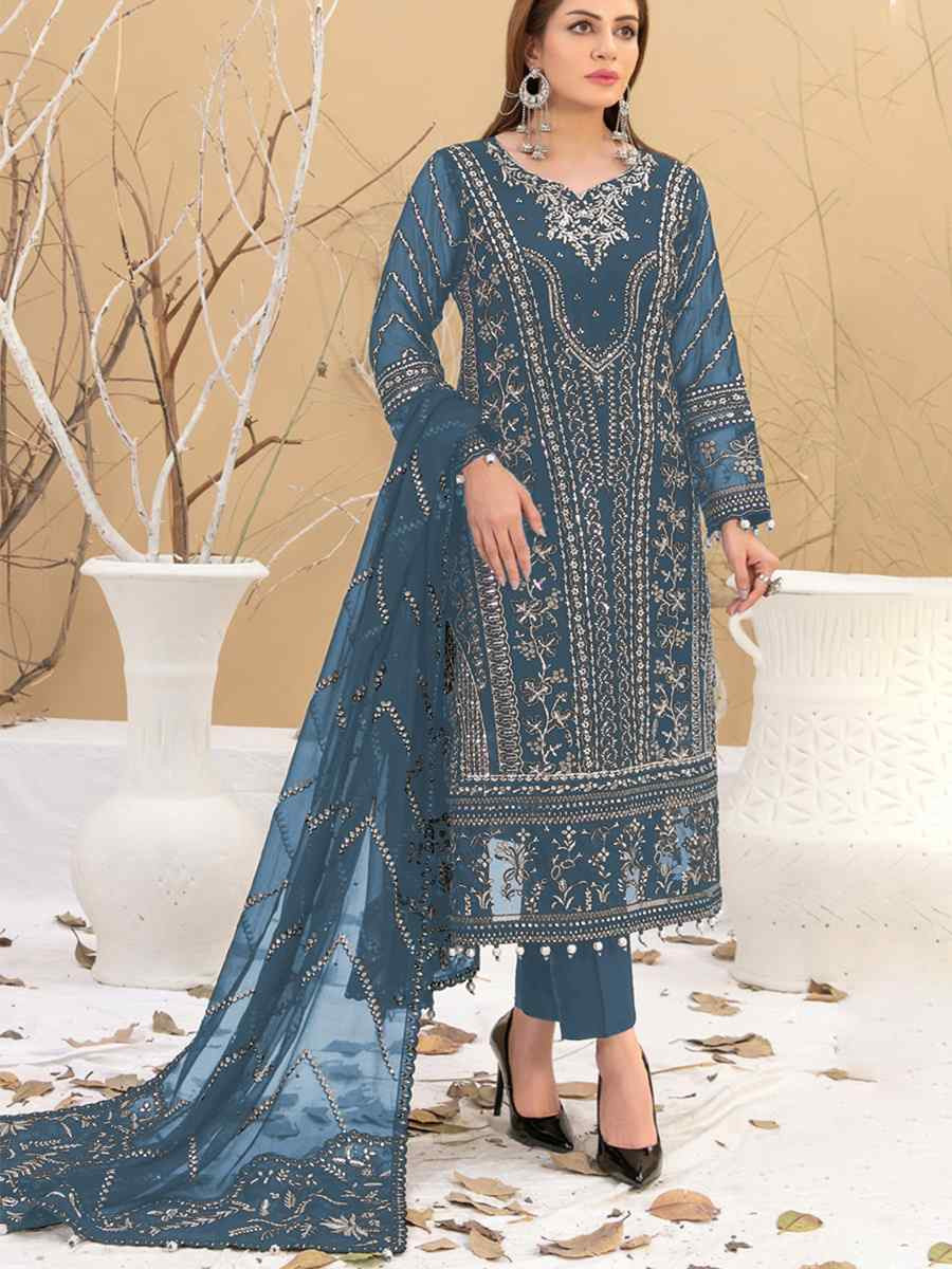 Teal Blue Heavy Fox Georgette Embroidered Festival Casual Pant Salwar Kameez