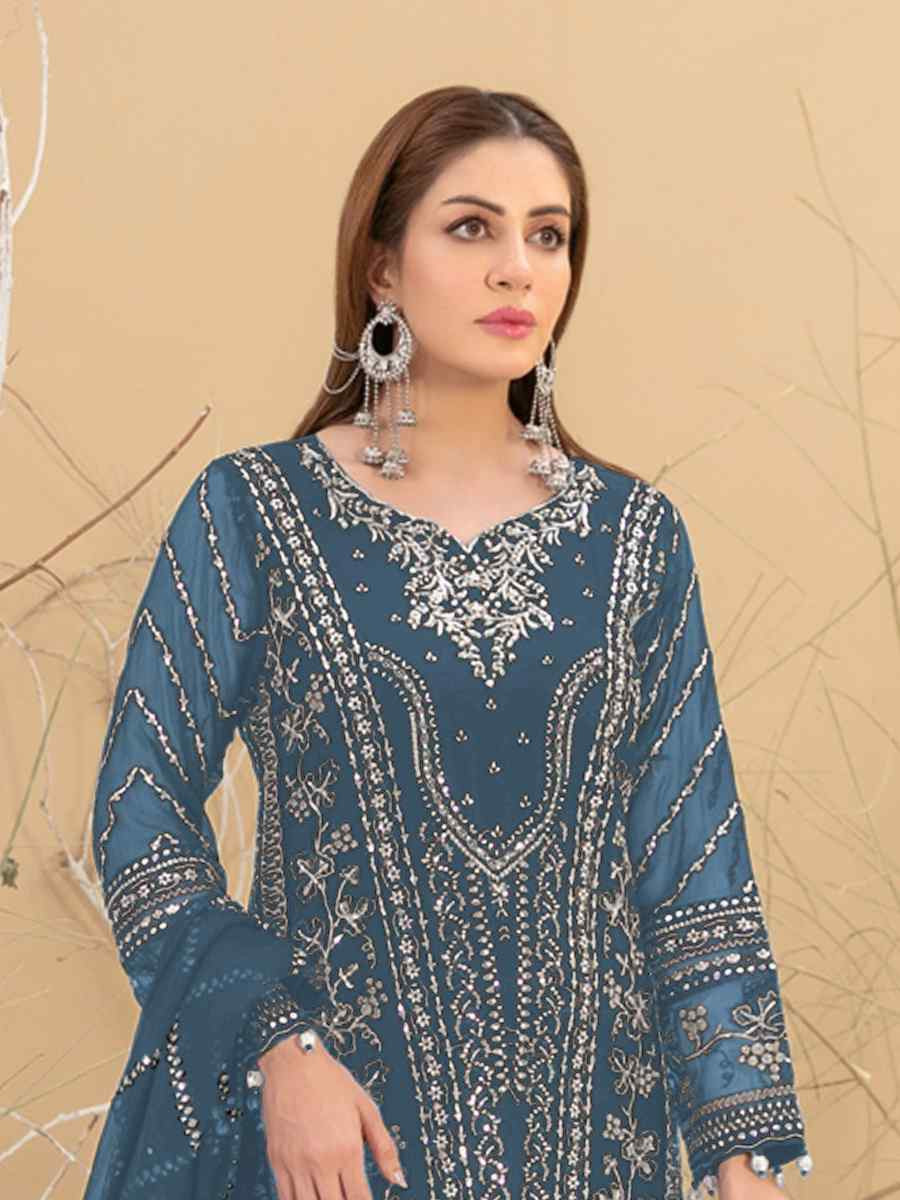 Teal Blue Heavy Fox Georgette Embroidered Festival Casual Pant Salwar Kameez