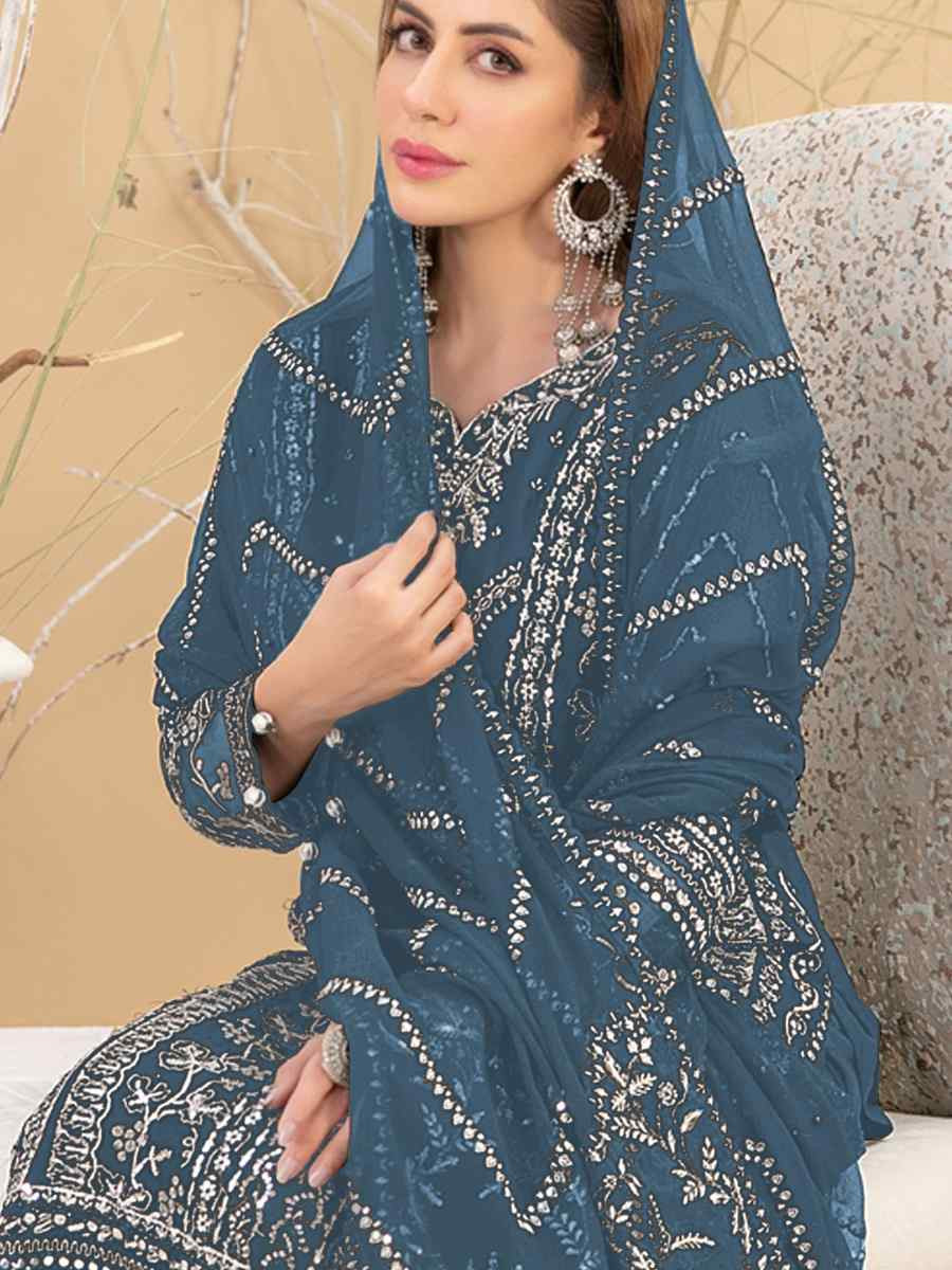 Teal Blue Heavy Fox Georgette Embroidered Festival Casual Pant Salwar Kameez