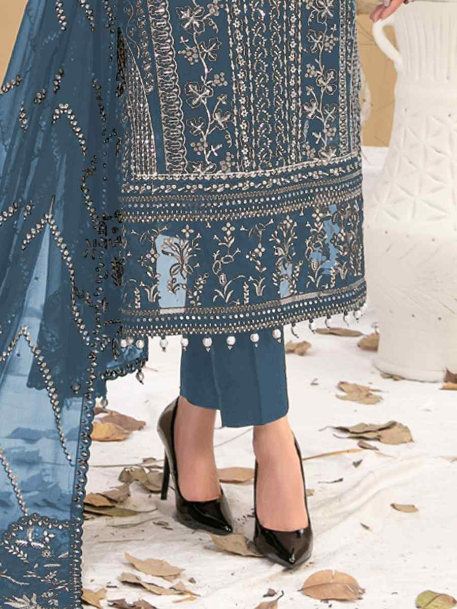 Teal Blue Heavy Fox Georgette Embroidered Festival Casual Pant Salwar Kameez