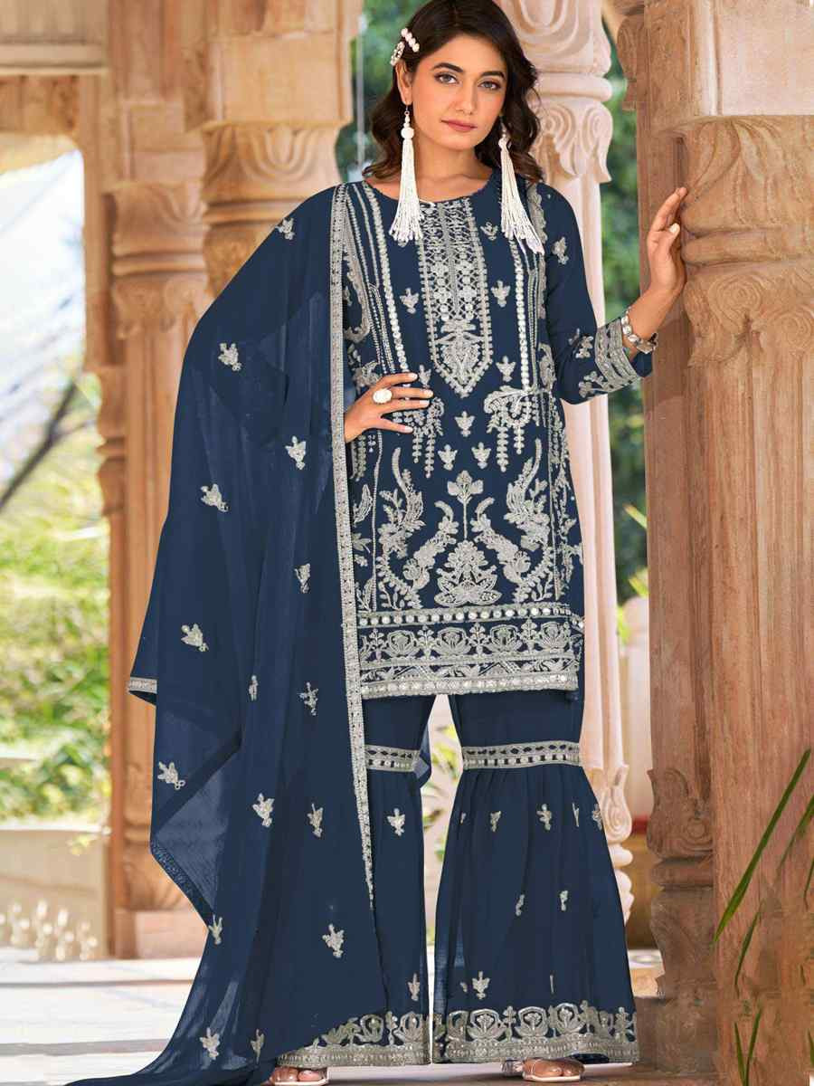 Teal Blue Heavy Nylon Organza Embroidered Festival Wedding Sharara Pant Salwar Kameez