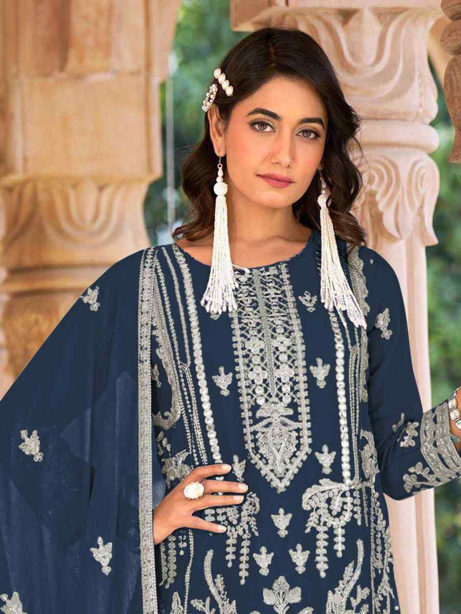 Teal Blue Heavy Nylon Organza Embroidered Festival Wedding Sharara Pant Salwar Kameez