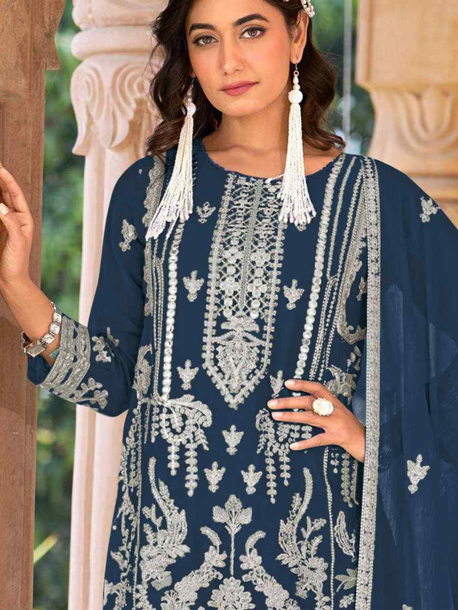 Teal Blue Heavy Nylon Organza Embroidered Festival Wedding Sharara Pant Salwar Kameez