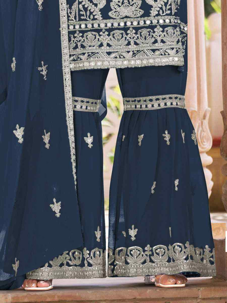 Teal Blue Heavy Nylon Organza Embroidered Festival Wedding Sharara Pant Salwar Kameez