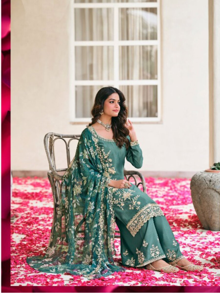 Teal Blue Heavy Premium Chiffon Embroidery Wedding Party Festival Casual Palazzo Pant Salwar Kameez