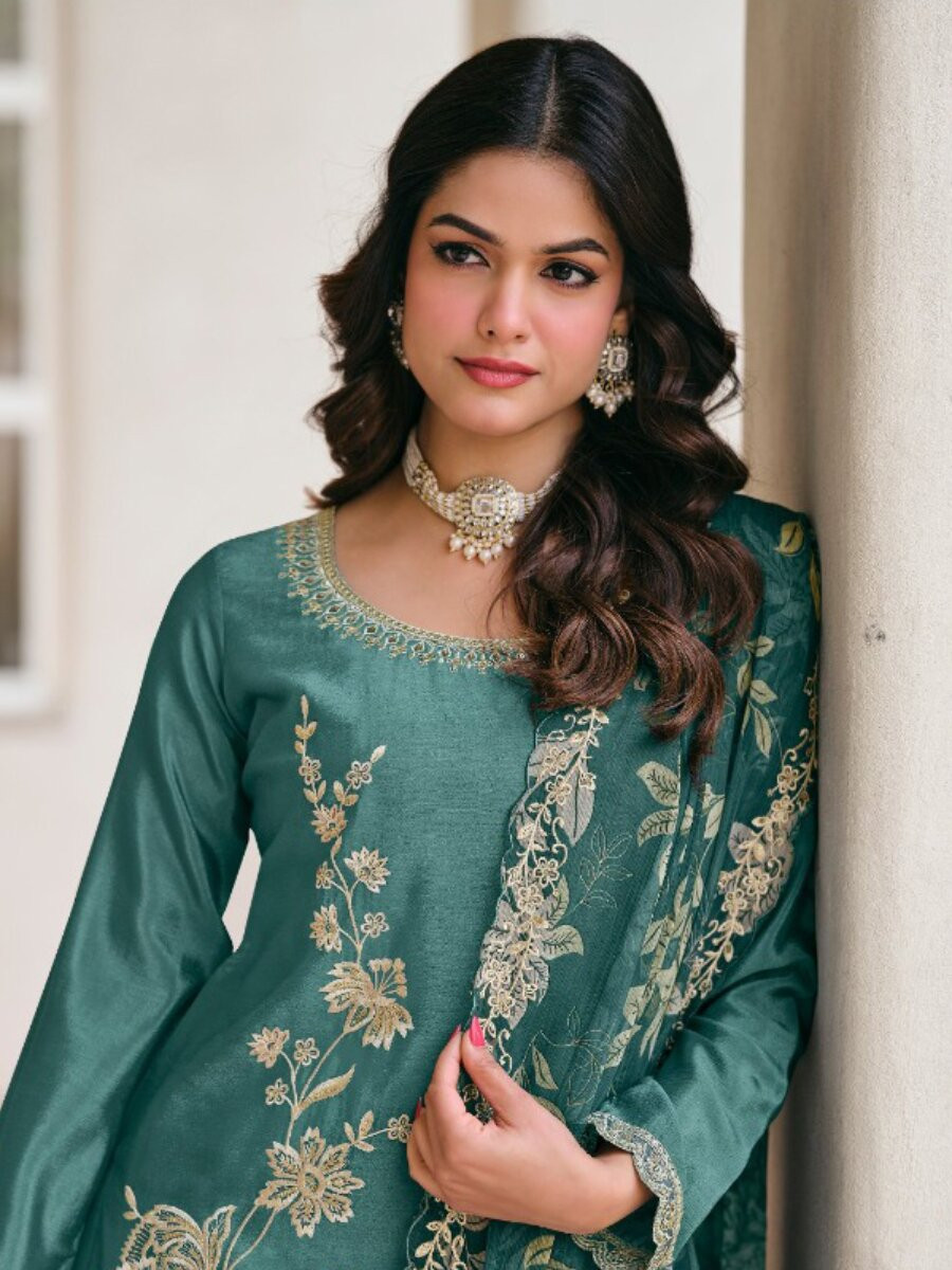 Teal Blue Heavy Premium Chiffon Embroidery Wedding Party Festival Casual Palazzo Pant Salwar Kameez