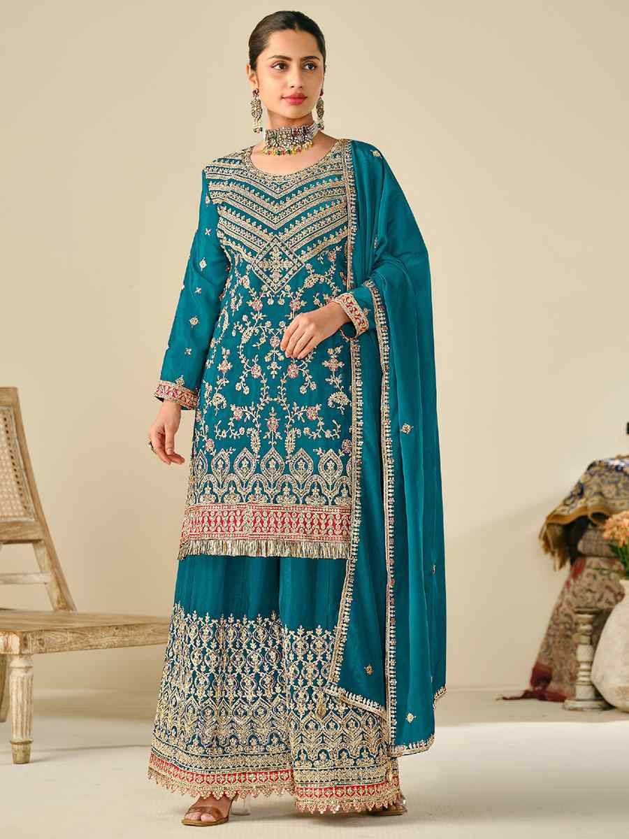Teal Blue Heavy Premium Chinon Embroidered Festive Wedding Ready Palazzo Pant Salwar Kameez