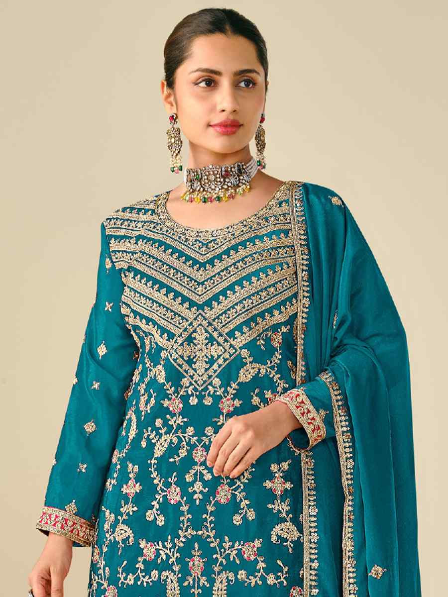 Teal Blue Heavy Premium Chinon Embroidered Festive Wedding Ready Palazzo Pant Salwar Kameez