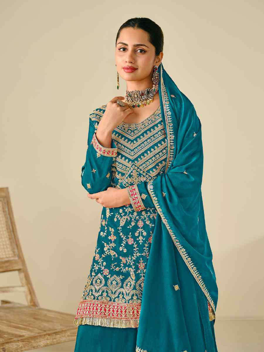 Teal Blue Heavy Premium Chinon Embroidered Festive Wedding Ready Palazzo Pant Salwar Kameez