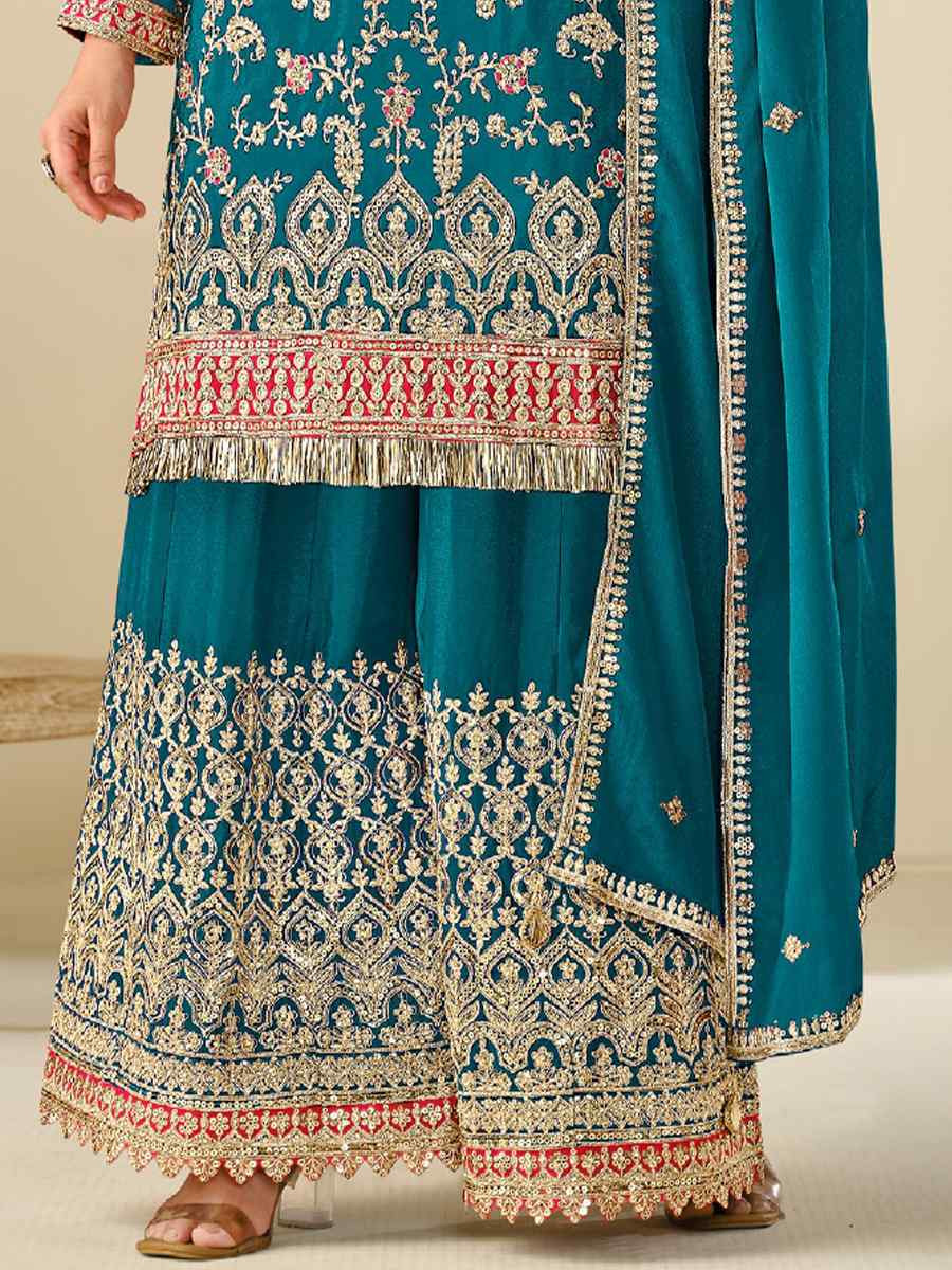 Teal Blue Heavy Premium Chinon Embroidered Festive Wedding Ready Palazzo Pant Salwar Kameez