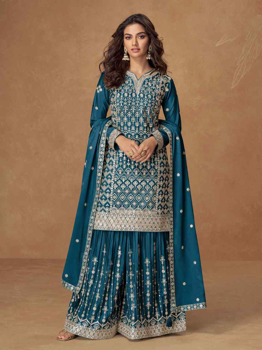 Teal Blue Heavy Premium Chinon Embroidery Party Wedding Festival Casual Ready Palazzo Pant Salwar Kameez