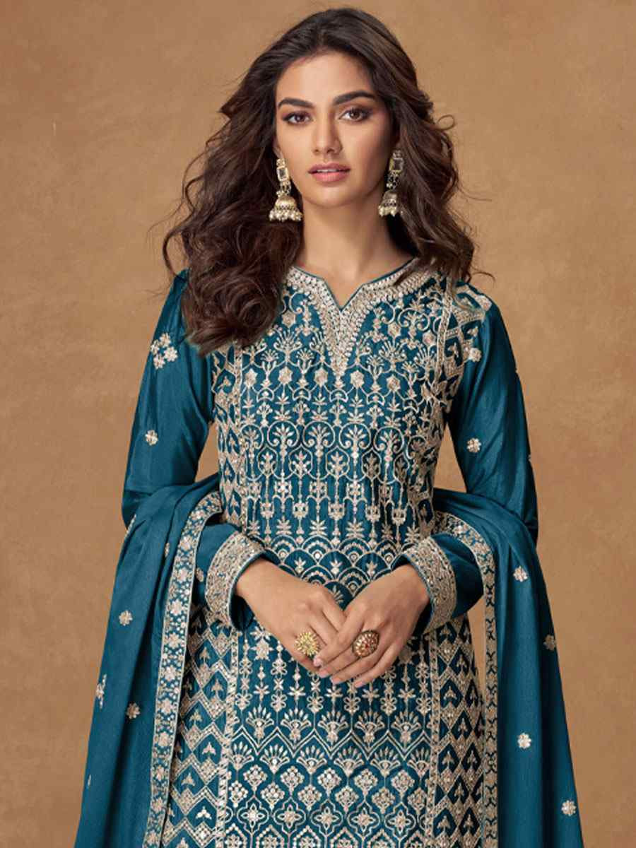 Teal Blue Heavy Premium Chinon Embroidery Party Wedding Festival Casual Ready Palazzo Pant Salwar Kameez