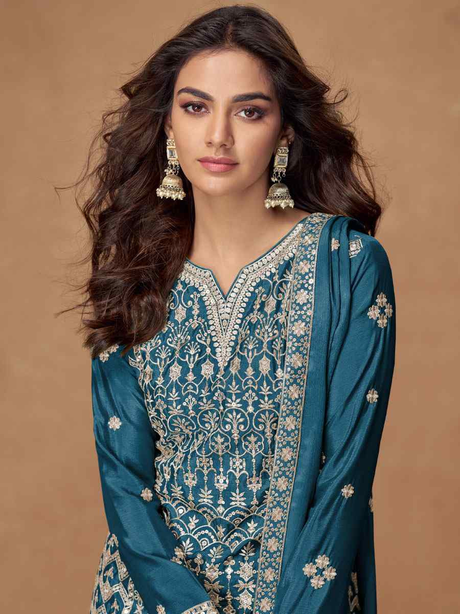 Teal Blue Heavy Premium Chinon Embroidery Party Wedding Festival Casual Ready Palazzo Pant Salwar Kameez