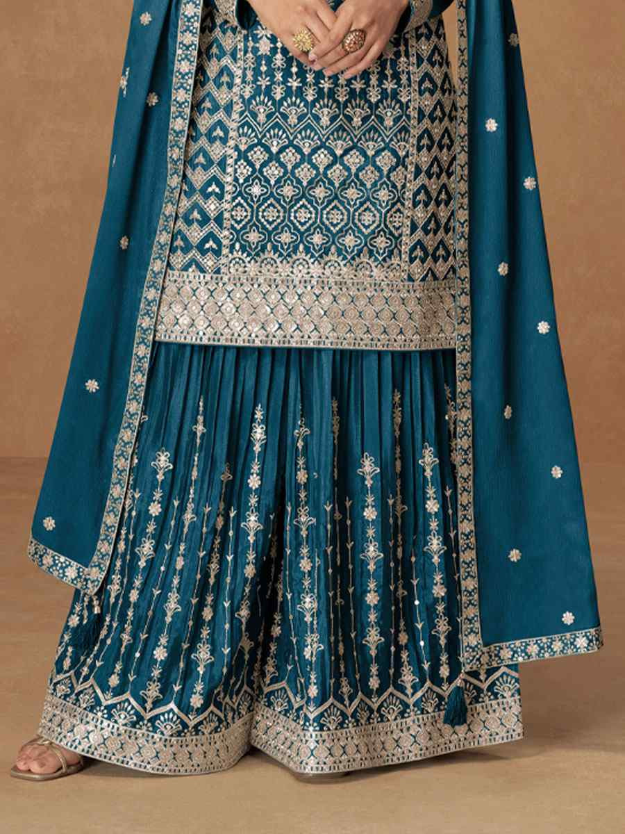 Teal Blue Heavy Premium Chinon Embroidery Party Wedding Festival Casual Ready Palazzo Pant Salwar Kameez