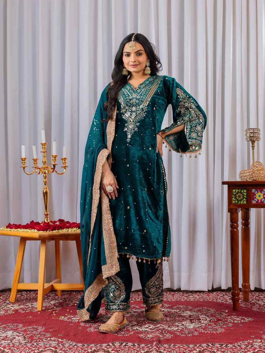 Teal Blue Heavy Pure Viscose Velvet Embroidery Party Wedding Festival Casual Ready Pant Salwar Kameez