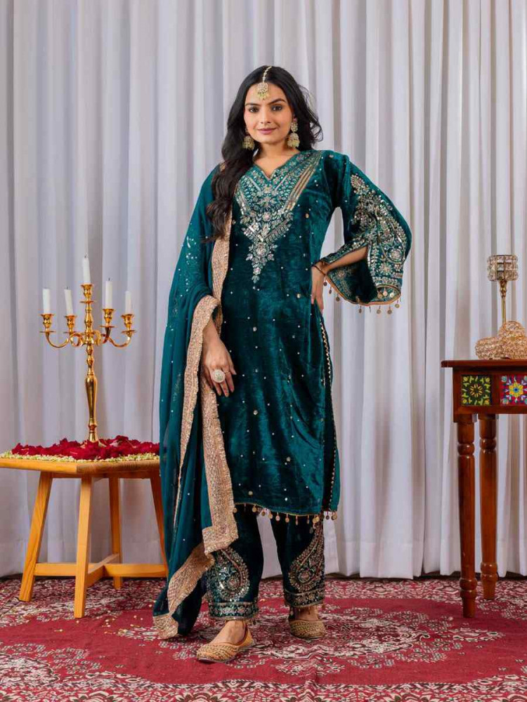 Image of Teal Blue Heavy Pure Viscose Velvet Embroidery Party Wedding Festival Casual Ready Pant Salwar Kameez