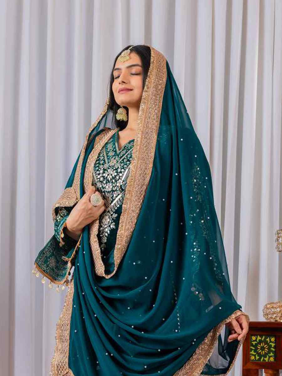 Teal Blue Heavy Pure Viscose Velvet Embroidery Party Wedding Festival Casual Ready Pant Salwar Kameez