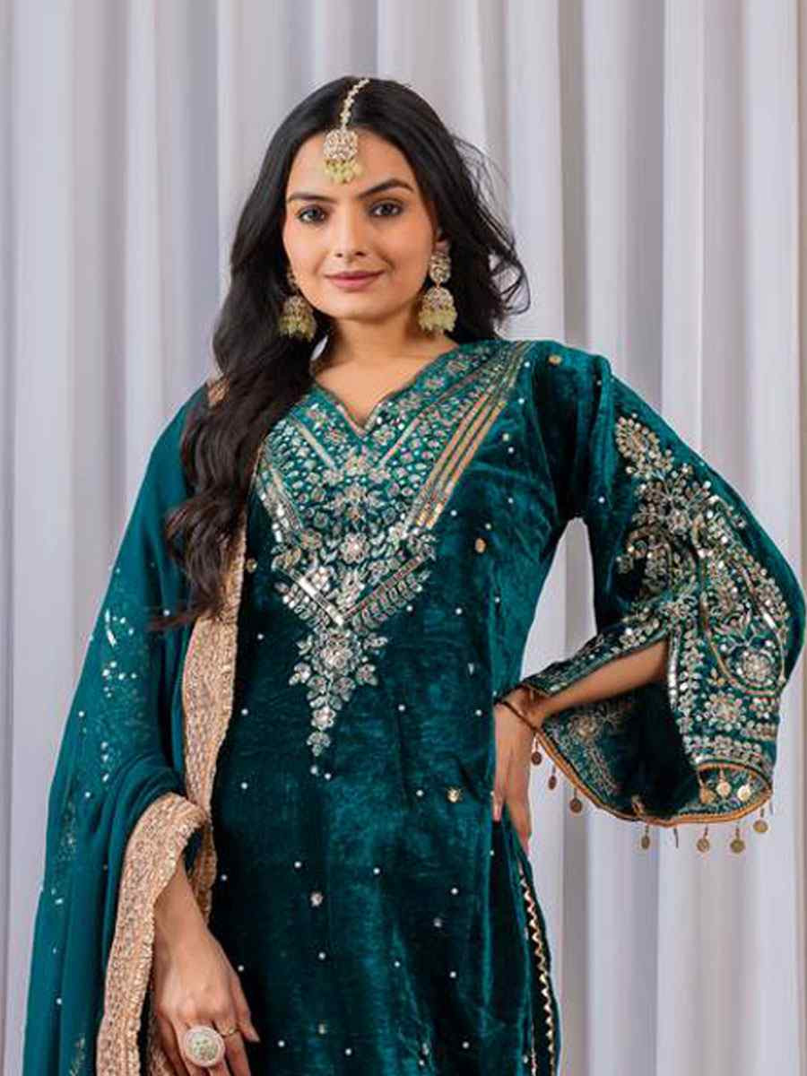 Teal Blue Heavy Pure Viscose Velvet Embroidery Party Wedding Festival Casual Ready Pant Salwar Kameez