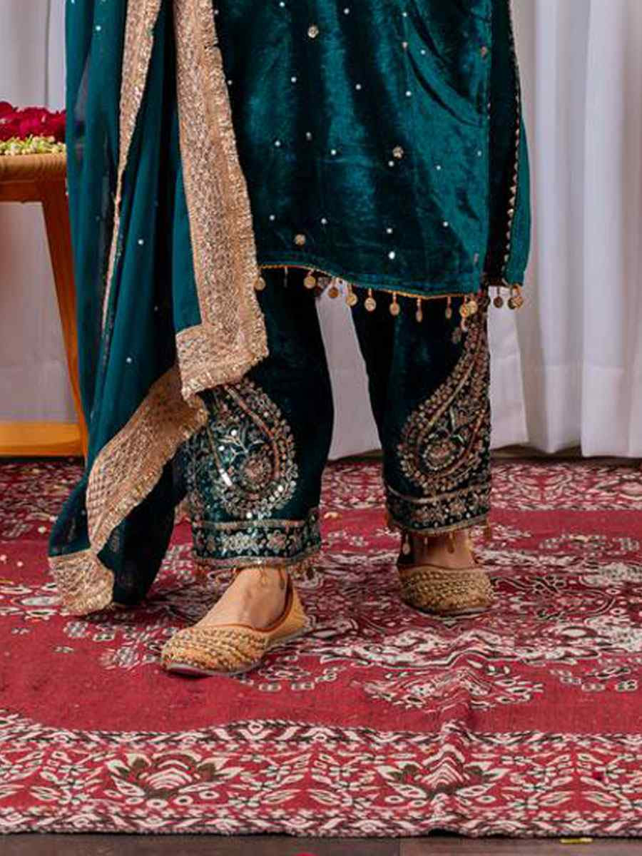 Teal Blue Heavy Pure Viscose Velvet Embroidery Party Wedding Festival Casual Ready Pant Salwar Kameez