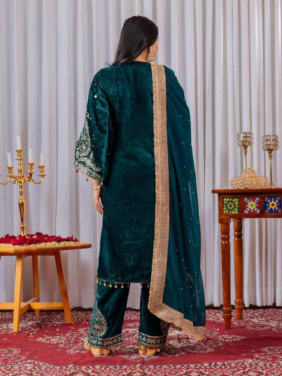 Teal Blue Heavy Pure Viscose Velvet Embroidery Party Wedding Festival Casual Ready Pant Salwar Kameez