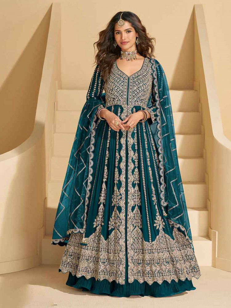 Image of Teal Blue Heavy Real Chinon Embroidered Wedding Reception Festival Ready Heavy Border Kurti Lehenga Choli