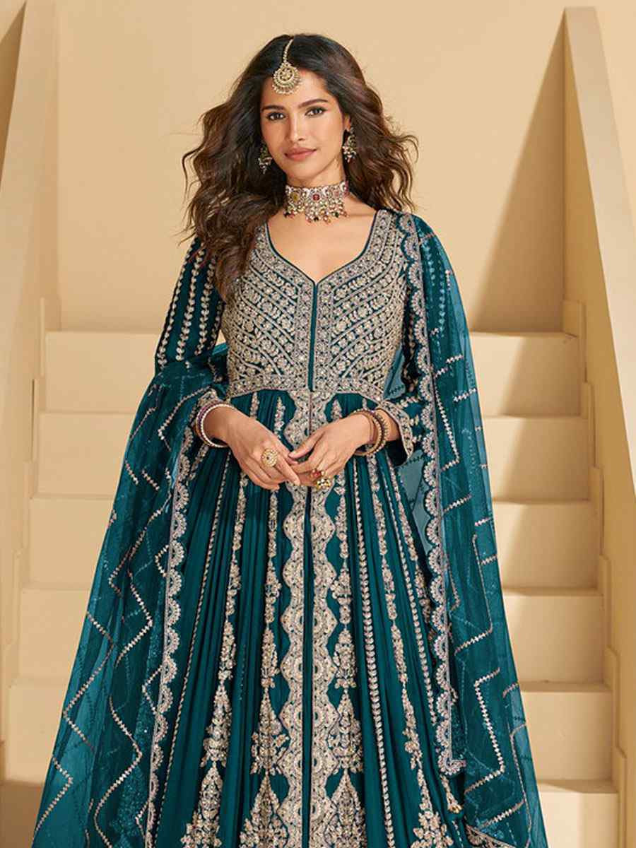 Teal Blue Heavy Real Chinon Embroidered Wedding Reception Festival Ready Heavy Border Kurti Lehenga Choli