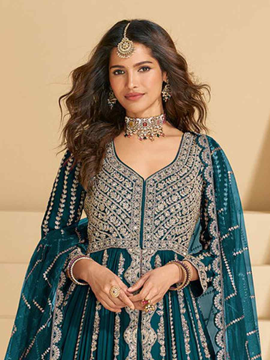 Teal Blue Heavy Real Chinon Embroidered Wedding Reception Festival Ready Heavy Border Kurti Lehenga Choli