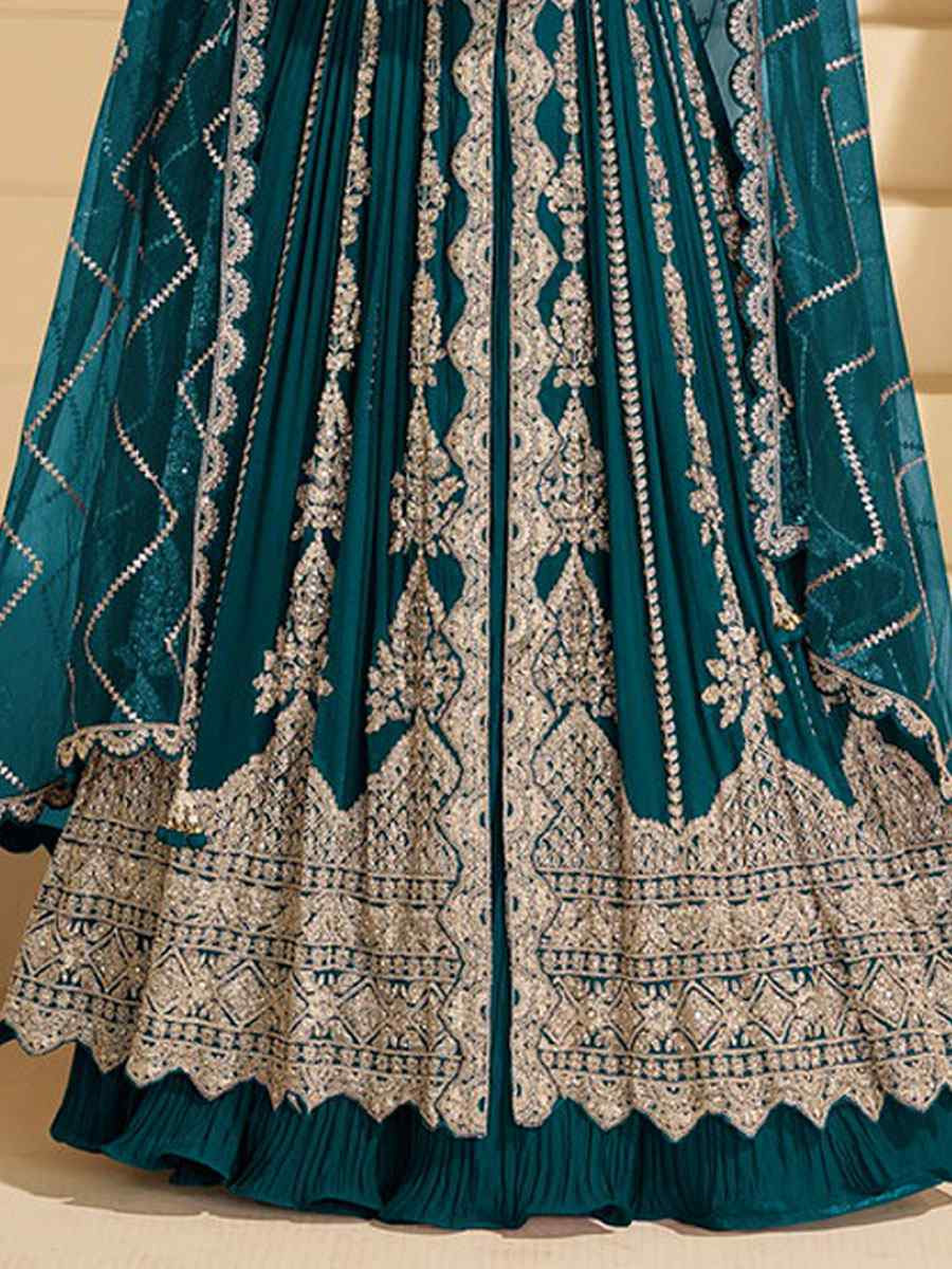 Teal Blue Heavy Real Chinon Embroidered Wedding Reception Festival Ready Heavy Border Kurti Lehenga Choli