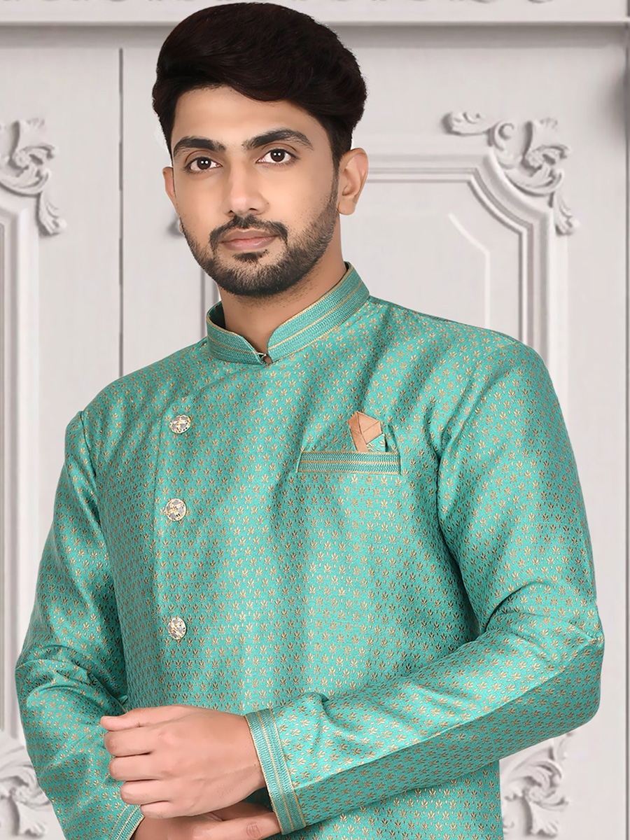 Teal Blue Jacquard Handwoven Party Sherwani