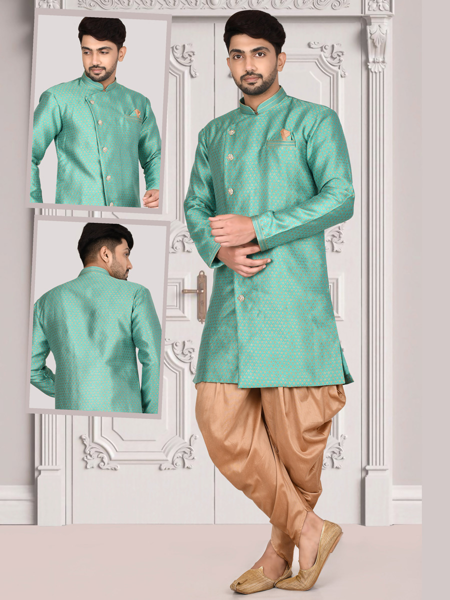 Teal Blue Jacquard Handwoven Party Sherwani
