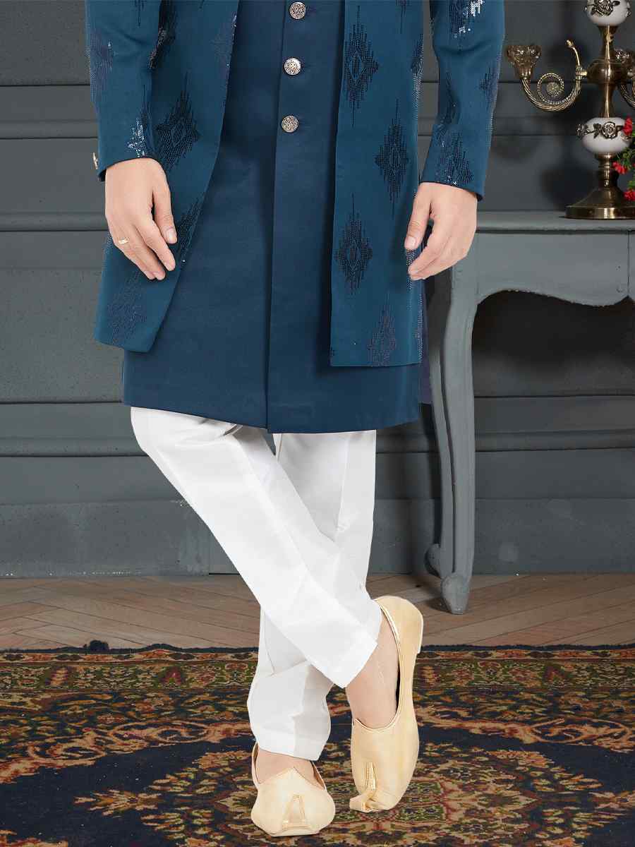 Teal Blue Jecquard Woven Festival Party Sherwani