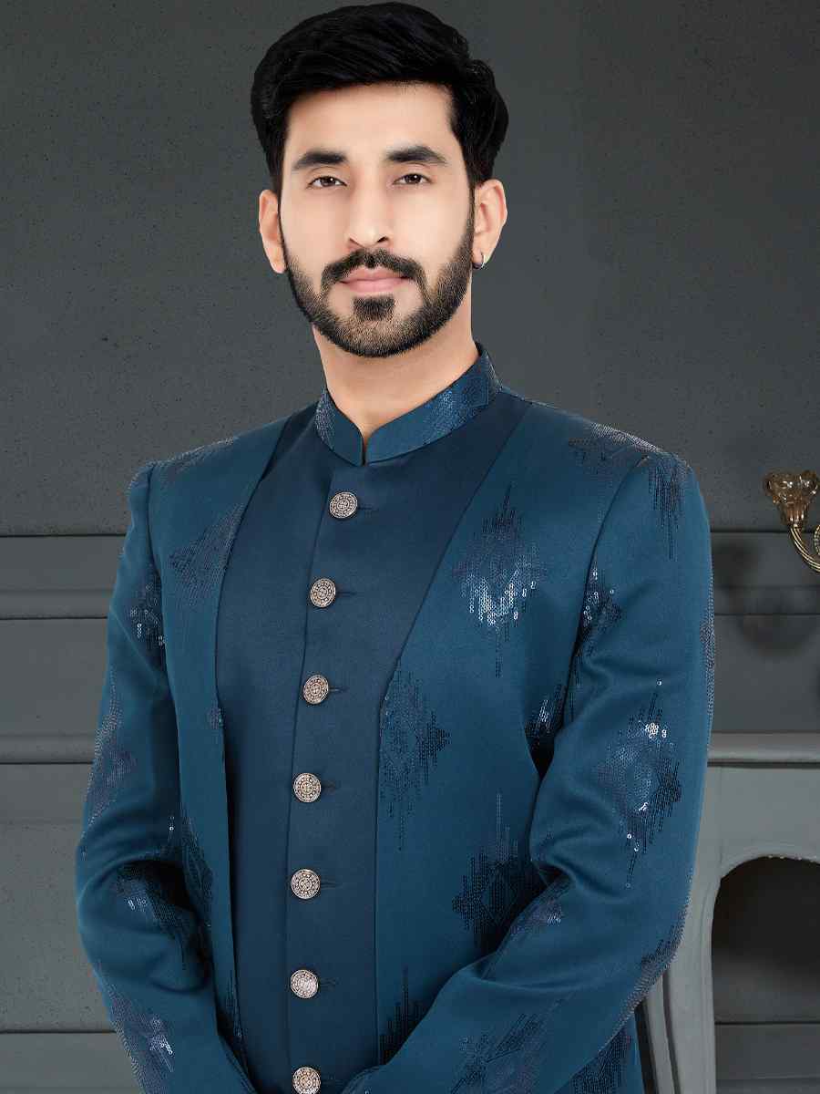 Teal Blue Jecquard Woven Festival Party Sherwani