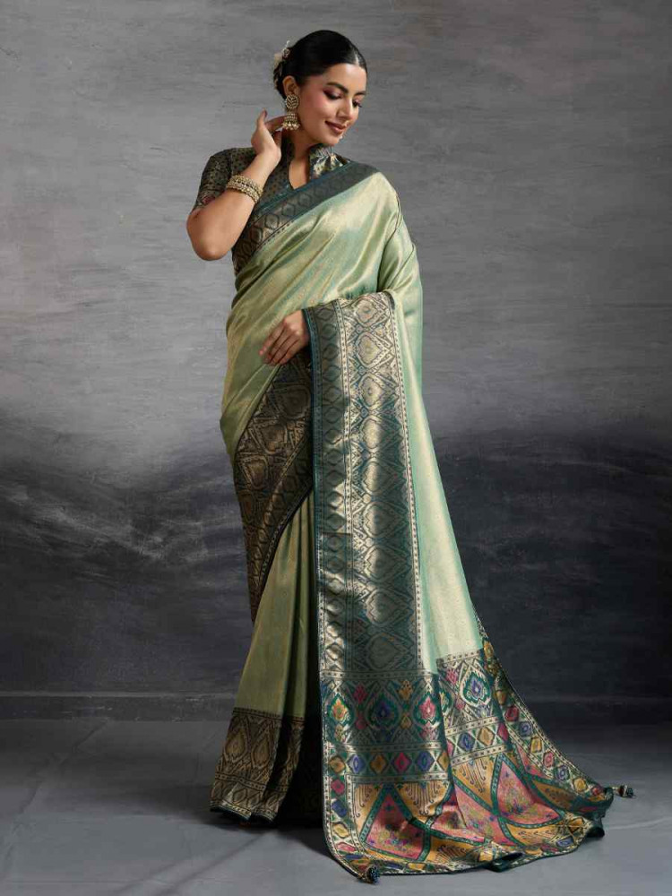 Image of Teal Blue Kanjivaram Soft Silk Handwoven Traditional Bridal Reception Festival Wedding Fancy Heavy Border Saree
