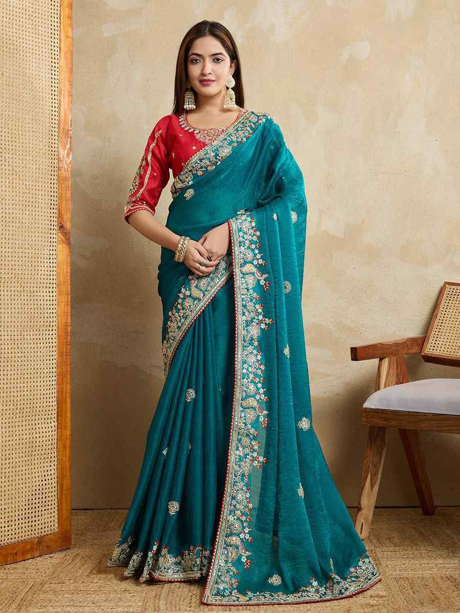 Teal Blue Magicgold Silk Embroidered Festival Wedding Fancy Heavy Border Saree