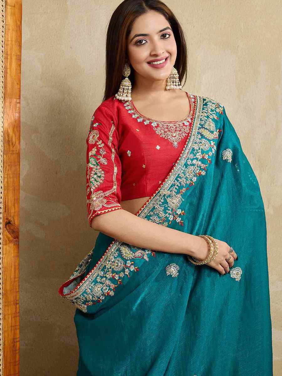 Teal Blue Magicgold Silk Embroidered Festival Wedding Fancy Heavy Border Saree