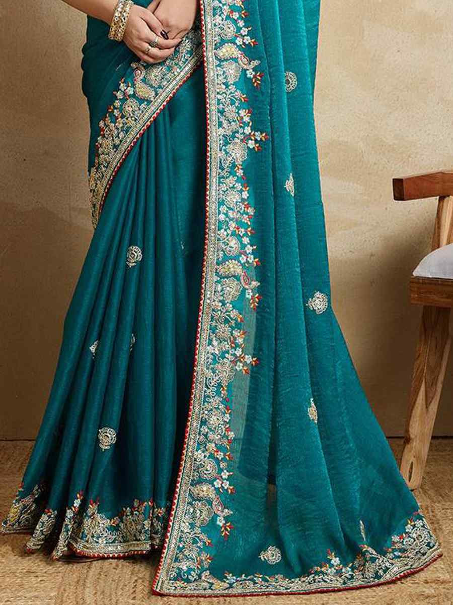 Teal Blue Magicgold Silk Embroidered Festival Wedding Fancy Heavy Border Saree