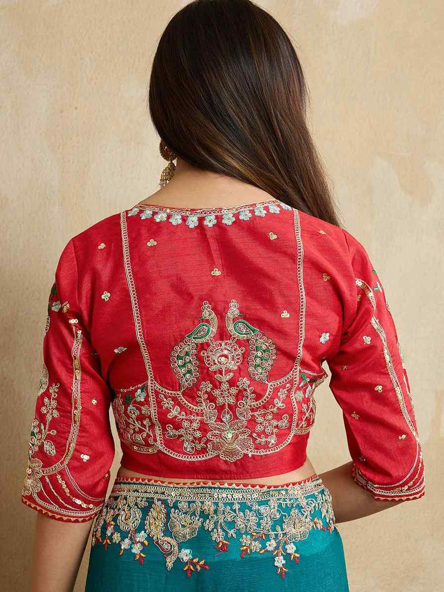 Teal Blue Magicgold Silk Embroidered Festival Wedding Fancy Heavy Border Saree