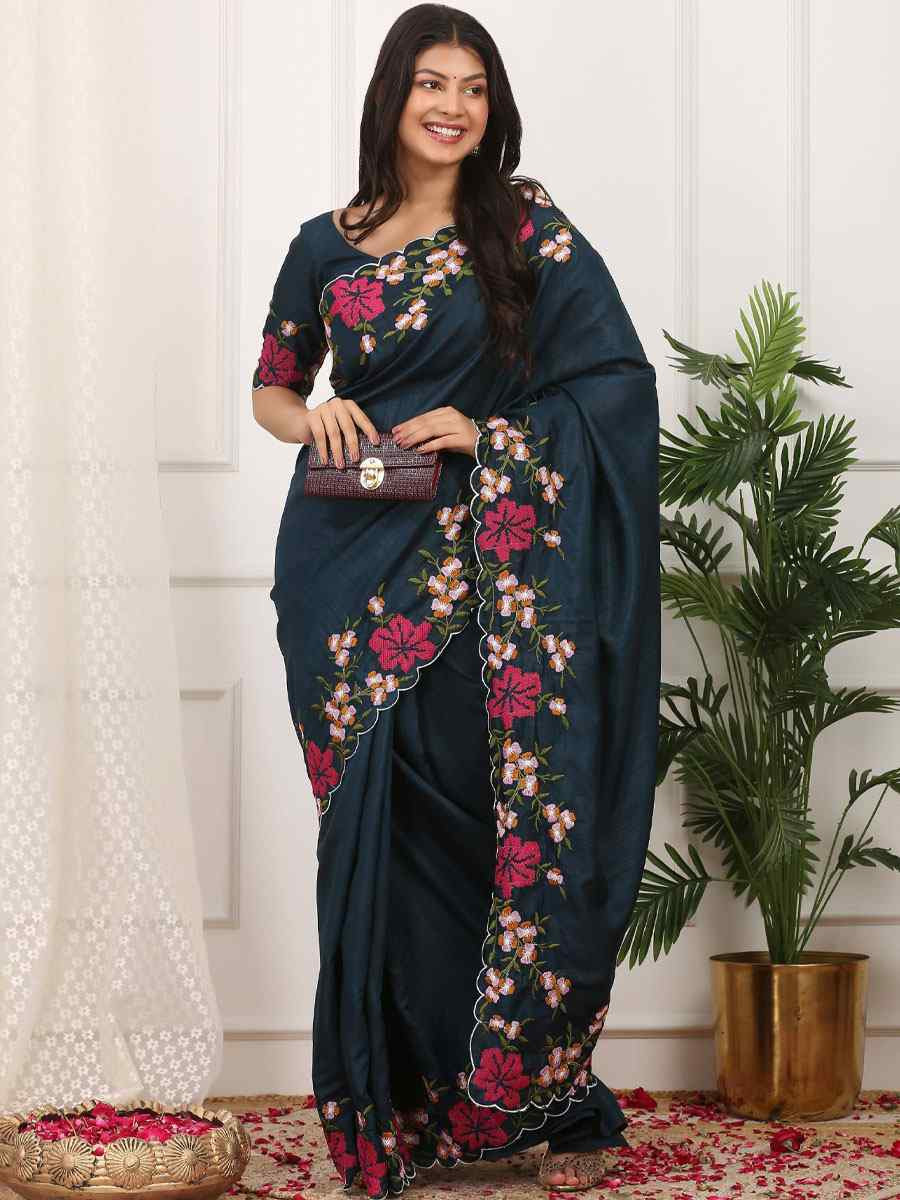 Teal Blue Manipuri Silk Embroidery Casual Reception Festival Wedding Fancy Heavy Border Sarees