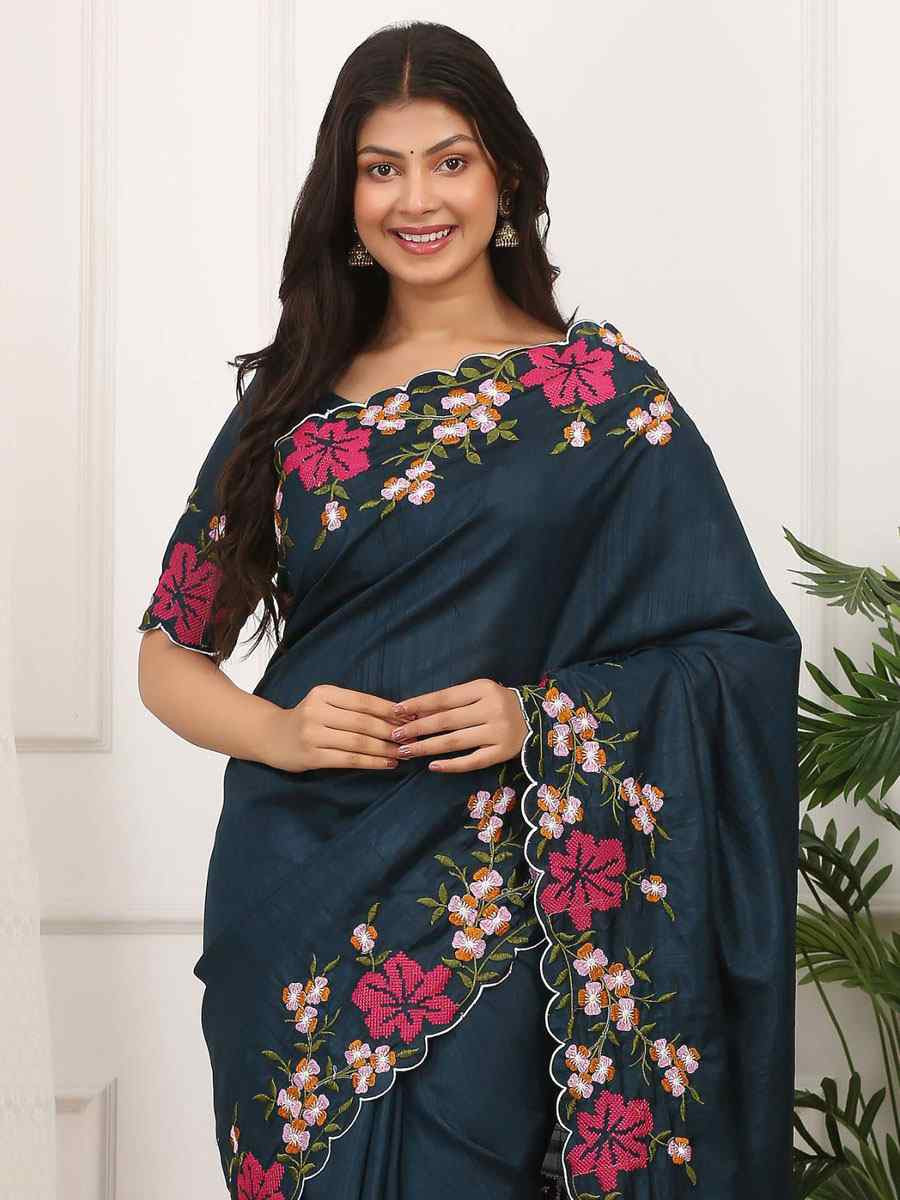 Teal Blue Manipuri Silk Embroidery Casual Reception Festival Wedding Fancy Heavy Border Sarees