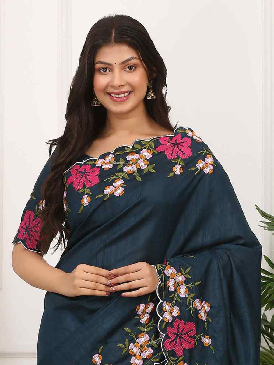 Teal Blue Manipuri Silk Embroidery Casual Reception Festival Wedding Fancy Heavy Border Sarees