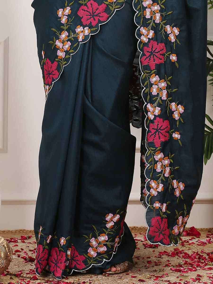 Teal Blue Manipuri Silk Embroidery Casual Reception Festival Wedding Fancy Heavy Border Sarees