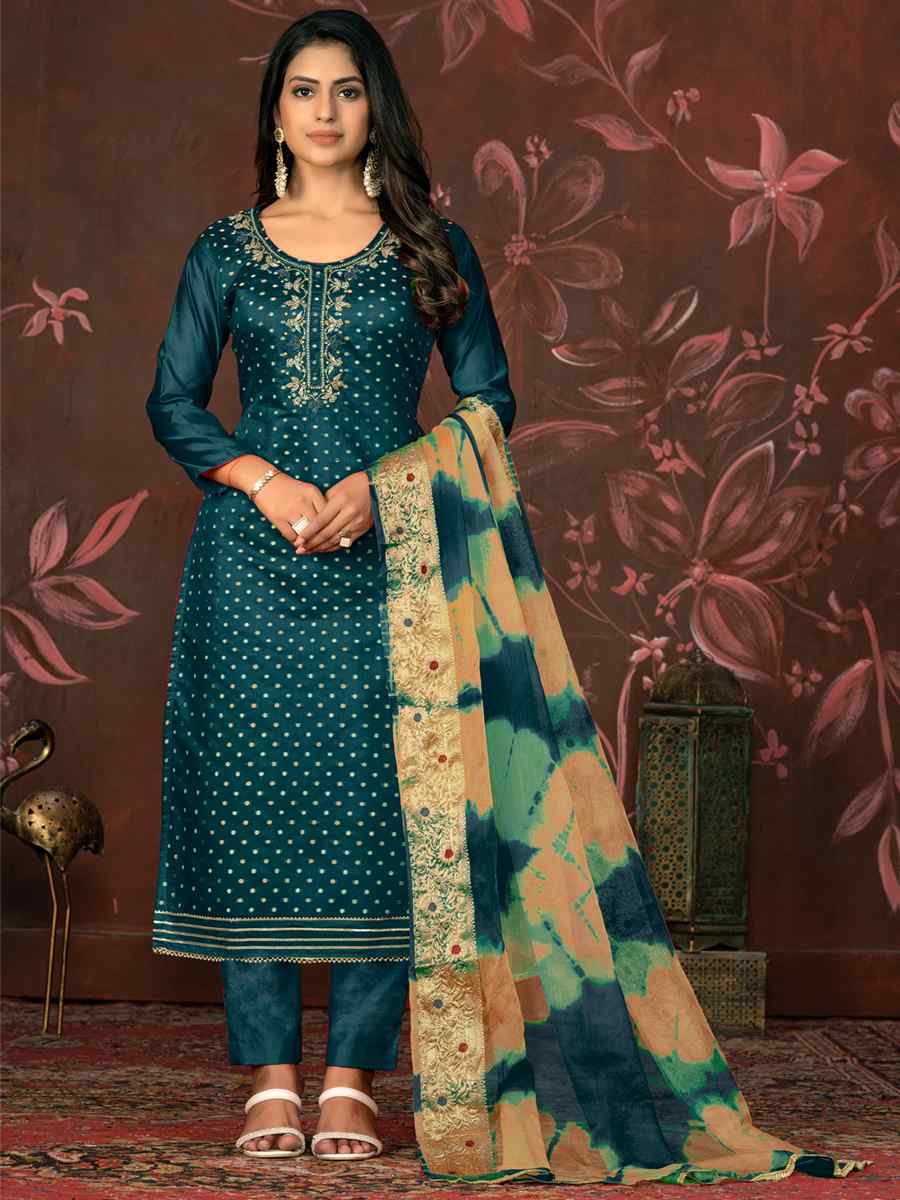 Teal Blue Modal Cotton Embroidered Casual Festival Pant Salwar Kameez