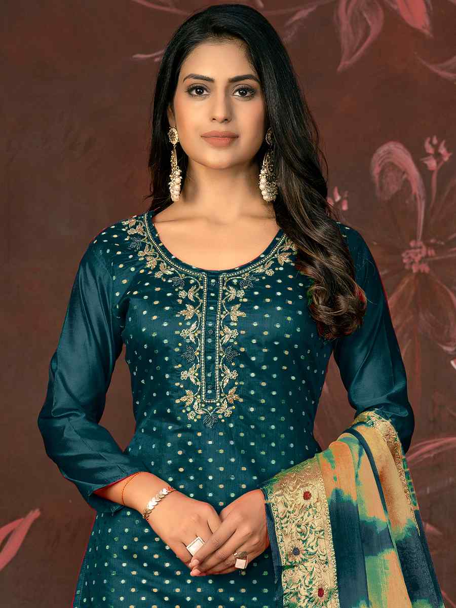 Teal Blue Modal Cotton Embroidered Casual Festival Pant Salwar Kameez