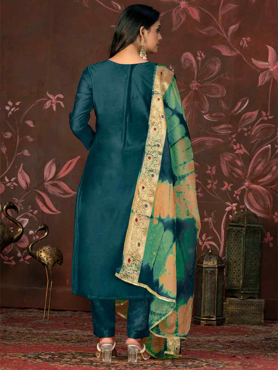 Teal Blue Modal Cotton Embroidered Casual Festival Pant Salwar Kameez