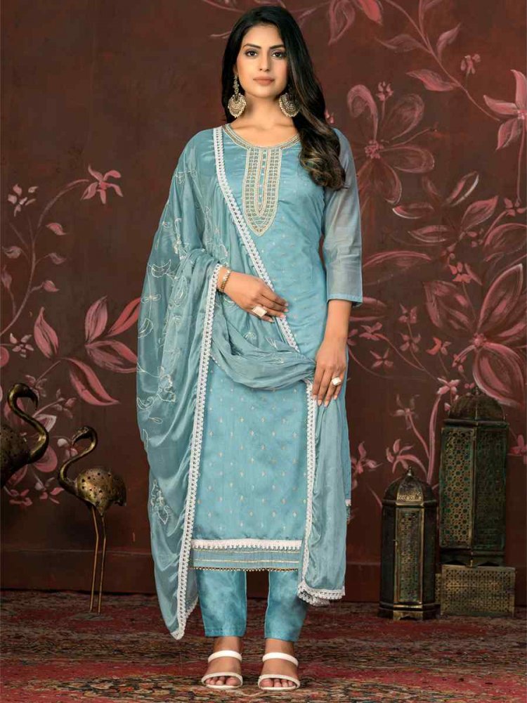 Teal Blue Modal Cotton Embroidered Casual Festival Pant Salwar Kameez